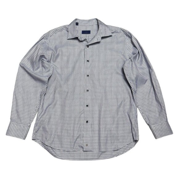 DAVID DONAHUE Luxury Non Iron Trim Fit Plaid Designer Blue Business Dress Shirt - Picture 1 of 6